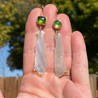 Apple Green Tourmaline and Antique Mother of Pearl Chinese Gaming Token Earrings